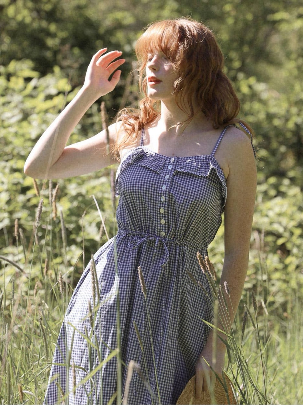 Women's Blue Gingham Midi Jumpsuit with Tie Waist - Picture 4 of 4